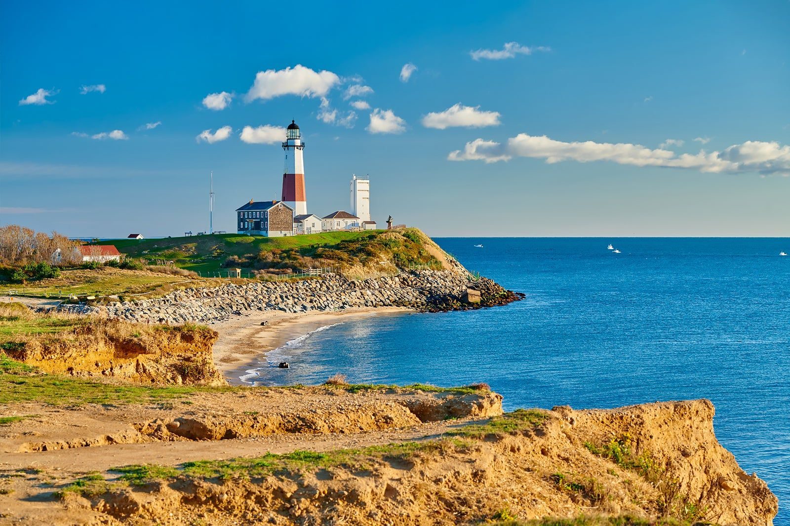 Montauk Point Lighthouse standing tall against the ocean sky on Long Island's eastern tip