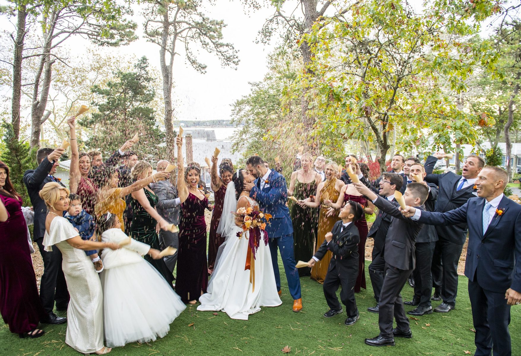 Waterfront wedding venue at Ocean View Terrace Inn overlooking Shinnecock Bay at sunset, Hampton Bays, NY
